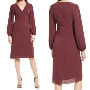 All In Favor Plisse Empire Waist Long Sleeve Dress Burgundy L